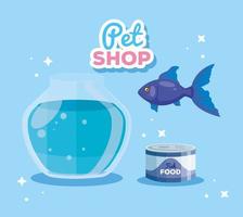 pet shop com aquário e ícones vetor