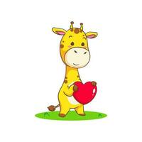 fofa feliz girafa segurando grande amor coração desenho animado personagem em branco fundo vetor ilustração. engraçado adorável animal conceito Projeto.