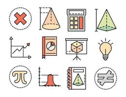 linha de coleção de ícones de ciência de escola de matemática e estilo de preenchimento vetor