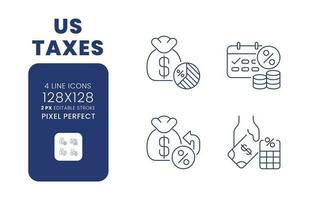 nos impostos linear Área de Trabalho ícones definir. receita sistema. tributação políticas. tributável renda. pixel perfeito 128x128, esboço 2 px. isolado do utilizador interface elementos pacote para local na rede Internet. editável acidente vascular encefálico vetor