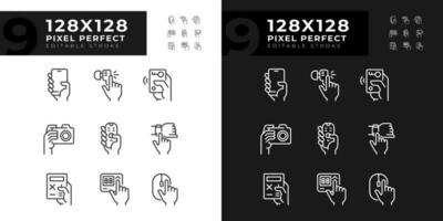 mãos segurando eletrônico aparelhos pixel perfeito linear ícones conjunto para escuro, luz modo. digital equipamento uso. fino linha símbolos para noite, dia tema. isolado ilustrações. editável acidente vascular encefálico vetor