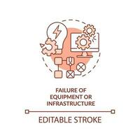 fracasso do equipamento ou a infraestrutura vermelho conceito ícone. poder interrupção. desastre tipo abstrato idéia fino linha ilustração. isolado esboço desenho. editável acidente vascular encefálico vetor