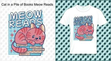 gato dentro uma pilha do livros Miau lê camiseta vetor