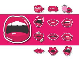 boca e lábios pop art linha de coleção feminina sexy e ícone de preenchimento vetor