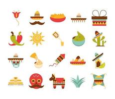 conjunto de ícones mexicanos decoração celebração festivo design plano nacional vetor