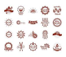 feliz navratri celebração indiana deusa cultura durga ícones tradicionais definidos estilo simples vetor