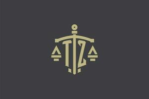 carta tz logotipo para lei escritório e advogado com criativo escala e espada ícone Projeto vetor