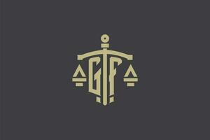 carta gf logotipo para lei escritório e advogado com criativo escala e espada ícone Projeto vetor