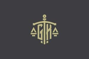 carta gk logotipo para lei escritório e advogado com criativo escala e espada ícone Projeto vetor