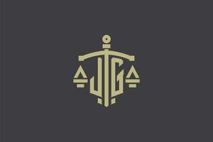 carta jg logotipo para lei escritório e advogado com criativo escala e espada ícone Projeto vetor