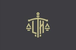 carta lk logotipo para lei escritório e advogado com criativo escala e espada ícone Projeto vetor