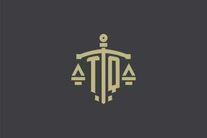 carta tq logotipo para lei escritório e advogado com criativo escala e espada ícone Projeto vetor