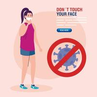 não toque em seu rosto, mulher usando máscara facial e partícula de coronavírus em sinal proibido, evite tocar em seu rosto, coronavírus covid19 prevenção vetor
