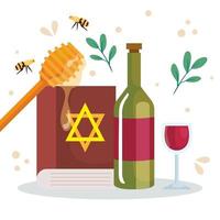 celebração do rosh hashanah, ano novo judaico, com vinho e decoração tradicional vetor