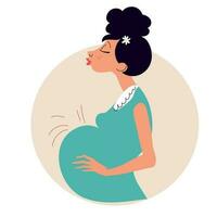 a grávida mulher sente a impacto do a bebê dentro dela estômago. esperando para uma criança para hit.cartoon plano personagem. vetor ilustração isolado em branco fundo.