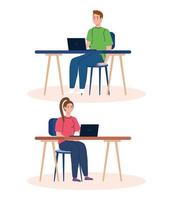 trabalho em casa, jovem casal freelancer com laptops nas mesas, trabalhando em casa em um ritmo tranquilo, local de trabalho conveniente vetor