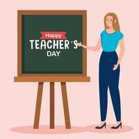 feliz dia dos professores e professora com quadro-negro vetor