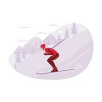 jovem esquiador fazendo ótimo dentro uma concorrência dentro a Alpes. tendência moderno vetor plano ilustração.