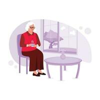 a Mais velho mulher com óculos senta vagaroso de a janela, bebericando quente chá. tendência moderno vetor plano ilustração.