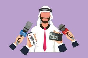 gráfico plano Projeto desenhando árabe homem de negocios entrevista com microfones. popular pessoa, apresentador, celebridade, político dá Comente para quebra notícias, reportagem. desenho animado estilo vetor ilustração