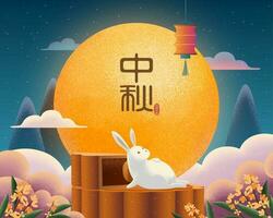 feliz meio do outono festival bandeira com gordo Coelho desfrutando mooncake e a cheio lua, feriado nome dentro chinês personagens vetor