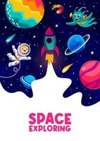 desenho animado espaço folheto com astronauta e estrangeiro vetor