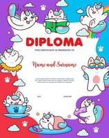 crianças diploma, fofa desenho animado caticorn gatos, gatinhos vetor