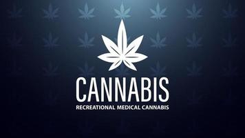 logotipo da cannabis feito de folha de maconha em fundo azul com textura de folhas de cannabis