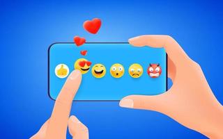 homem segurando a reação de emoji no smartphone. eu amo isso. Ilustração em vetor estilo fofo 3D