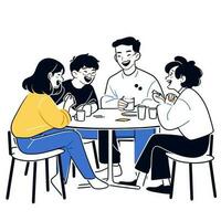 uma grupo do amigos rindo e partilha histórias às uma café comprar, minimalista vetor ilustração
