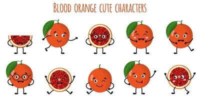 frutas cítricas laranja sangue fofos personagens engraçados alegres com diferentes poses e emoções. vetor