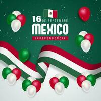feliz México independência dia setembro Dia 16 com bandeira balões confete e fita ilustração vetor