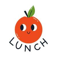 vetor adesivo com fofa sorridente maçã e texto almoço. kawaii Projeto para crianças e crianças. escola almoço conceito. engraçado maçã com face.