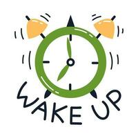 vetor adesivo com alarme relógio e despertar acima texto. Boa manhã e data limite conceito. alarme relógio toque.