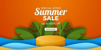 promoção de verão oferta banner produto display pódio com fundo laranja vetor