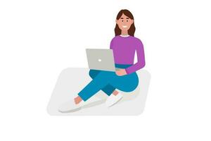 conectados Educação, trabalhos às lar, o negócio conceito, freelancer. jovem sorridente mulher sentado de pernas cruzadas com computador portátil dentro mão. desenho animado estilizado vetor ilustração