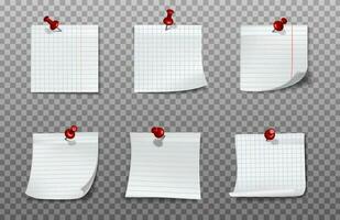 3d realista vetor branco papel quadrados para notas fixado para a parede com vermelho papel alfinetes.