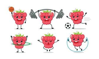 framboesa exercício diferente esporte atividade vetor ilustração adesivo. fruta muitos face expressão definir.