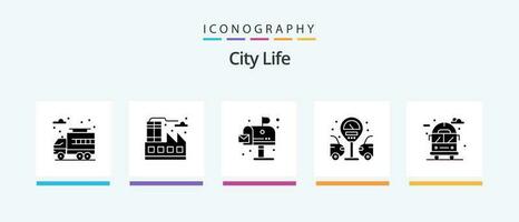 cidade vida glifo 5 ícone pacote Incluindo . ônibus. vida. vida. gás estação. criativo ícones Projeto vetor