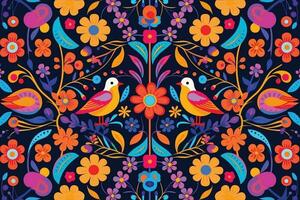 colorida mexicano fundo com flores e pássaros plano Projeto vetor ilustração