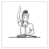 estudante levanta mão para responder. desenhado à mão rabisco do uma menina atrás a escrivaninha. vetor, editável, isolado em branco. vetor
