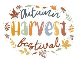 outono colheita festival. motivação citar com galhos, bagas e folhas. mão desenhado rotulação. outono decorativo elemento f vetor