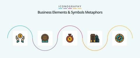 o negócio elementos e símbolos metáforas linha preenchidas plano 5 ícone pacote Incluindo navegador. sede. temporizador. torre. construção vetor