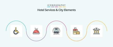 hotel Serviços e cidade elementos linha preenchidas plano 5 ícone pacote Incluindo prédio. hotel. Rapidez trem. Bolsa. bagagem vetor