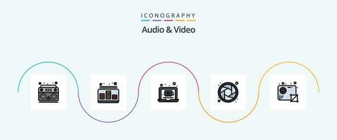 audio e vídeo linha preenchidas plano 5 ícone pacote Incluindo cortar. obturador. som. lente. música vetor