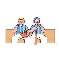 dois fofa beisebol jogador Rapazes estão sentado em uma Banco e comendo lanches. esboço simples vetor ilustração.