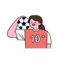 uma menina dentro uma futebol uniforme com uma bola em dela ombro. esboço simples vetor ilustração.