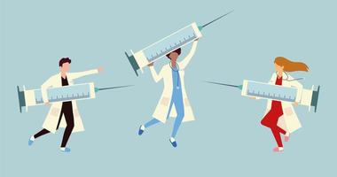 grupo médico com grande seringa para vacina vetor