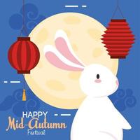 festival chinês do meio do outono com coelho, lua cheia e lanternas penduradas vetor