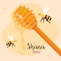 celebração de Rosh Hashaná, ano novo judaico, com vara de madeira de mel e abelhas voando vetor
